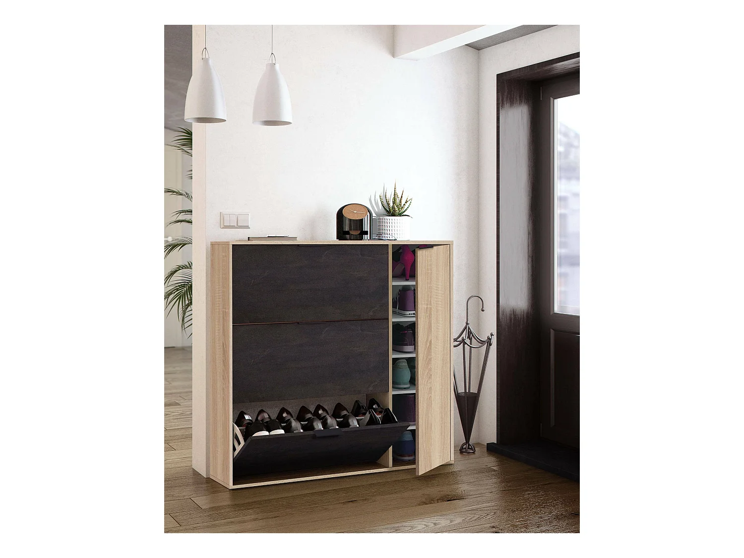 Étagère à chaussures Dmagnino, armoire à chaussures 4 portes, armoire basse polyvalente avec 5 étagères, étagère à chaussures moderne, 106x22h115 cm, chêne et noir