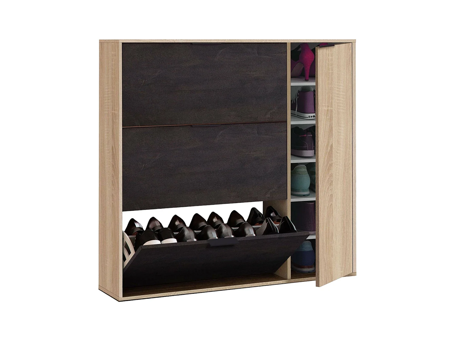 Étagère à chaussures Dmagnino, armoire à chaussures 4 portes, armoire basse polyvalente avec 5 étagères, étagère à chaussures moderne, 106x22h115 cm, chêne et noir