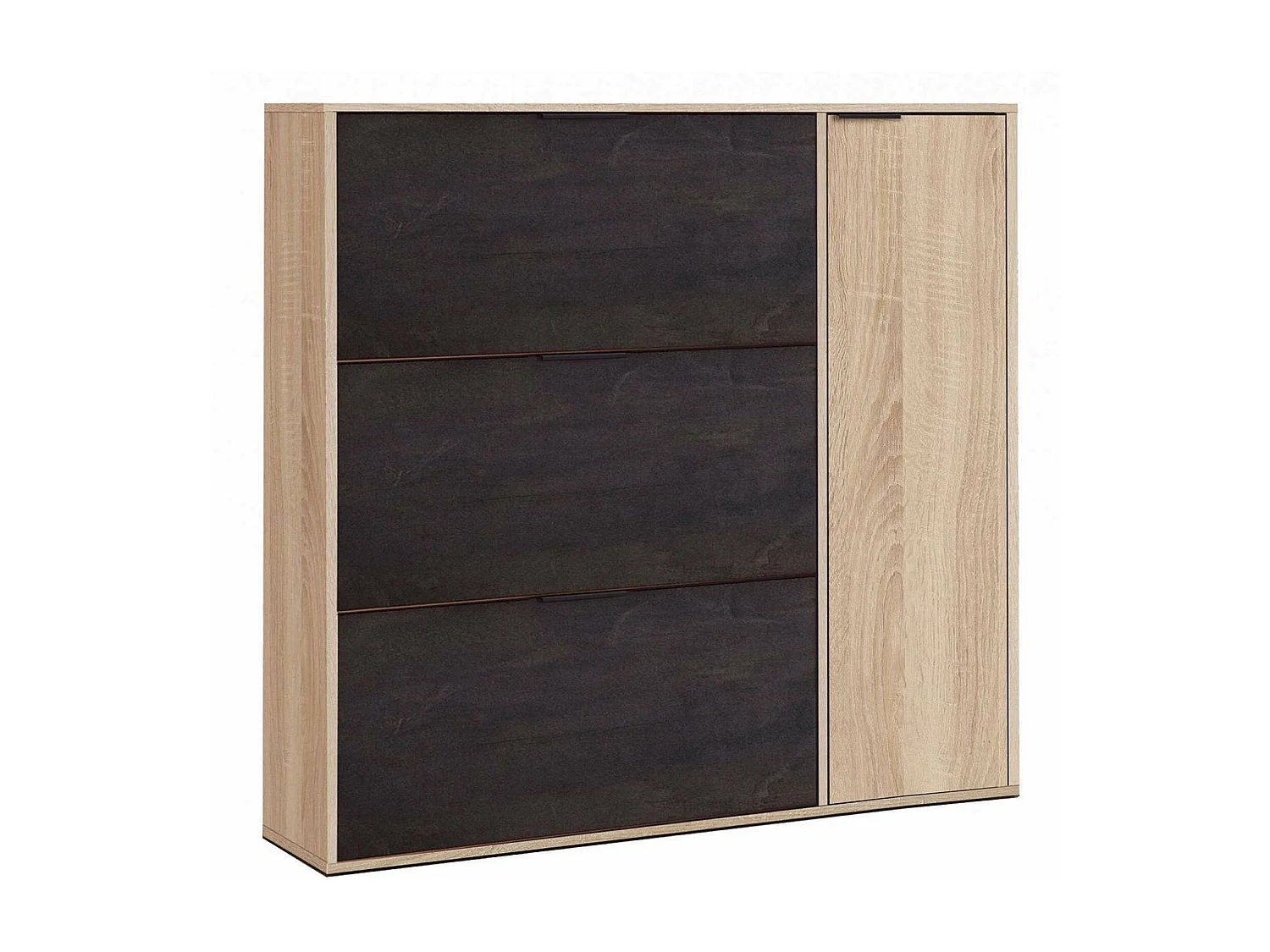 Dmagnino schoenenrek, schoenenkast met 4 deuren, multifunctionele lage kast met 5 planken, modern schoenenrek, 106x22h115 cm, eiken en zwart