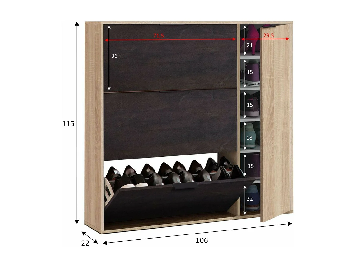 Dmagnino schoenenrek, schoenenkast met 4 deuren, multifunctionele lage kast met 5 planken, modern schoenenrek, 106x22h115 cm, eiken en zwart