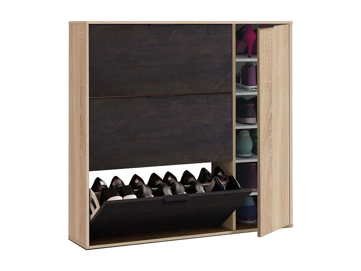 Dmagnino schoenenrek, schoenenkast met 4 deuren, multifunctionele lage kast met 5 planken, modern schoenenrek, 106x22h115 cm, eiken en zwart