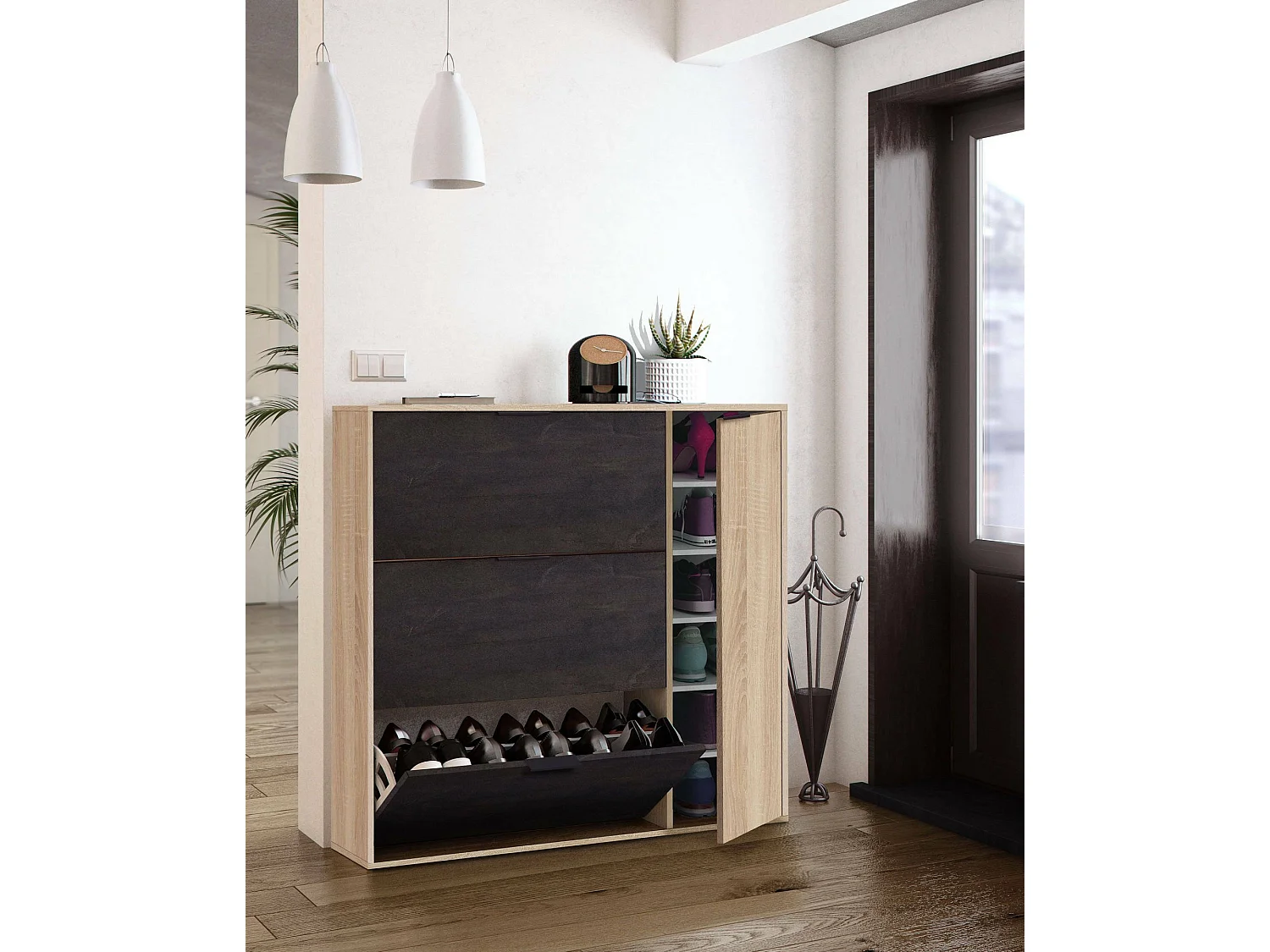 Dmagnino schoenenrek, schoenenkast met 4 deuren, multifunctionele lage kast met 5 planken, modern schoenenrek, 106x22h115 cm, eiken en zwart