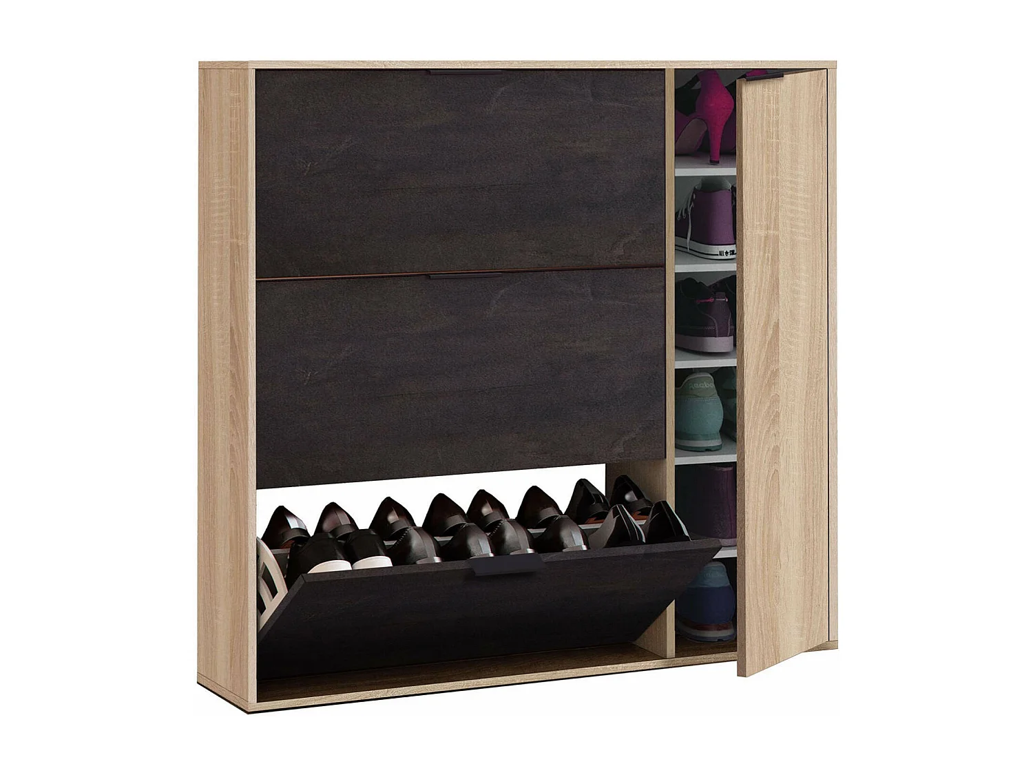 Étagère à chaussures Dmagnino, armoire à chaussures 4 portes, armoire basse polyvalente avec 5 étagères, étagère à chaussures moderne, 106x22h115 cm, chêne et noir