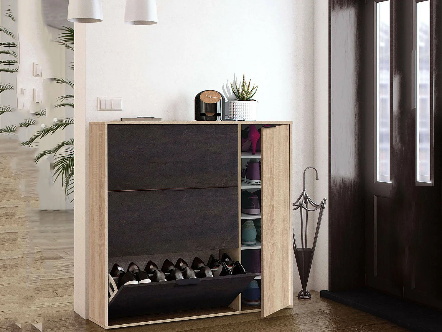 Schuhschrank Dmagnino, Schuhschrank mit 4 Türen, Niedriger Mehrzweckschrank mit 5 Einlegeböden, Modernes Schuhregal, 106x22h115 cm, Eiche