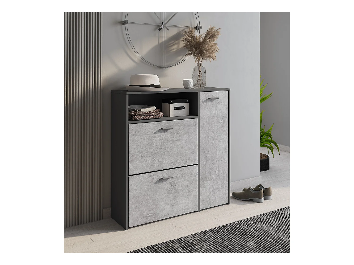 Meuble à chaussures Dpinn, Étagère à chaussures peu encombrante, Étagère à chaussures d'entrée, Meuble avec 3 portes pliantes, 92x27h94 cm, Anthracite, Ciment