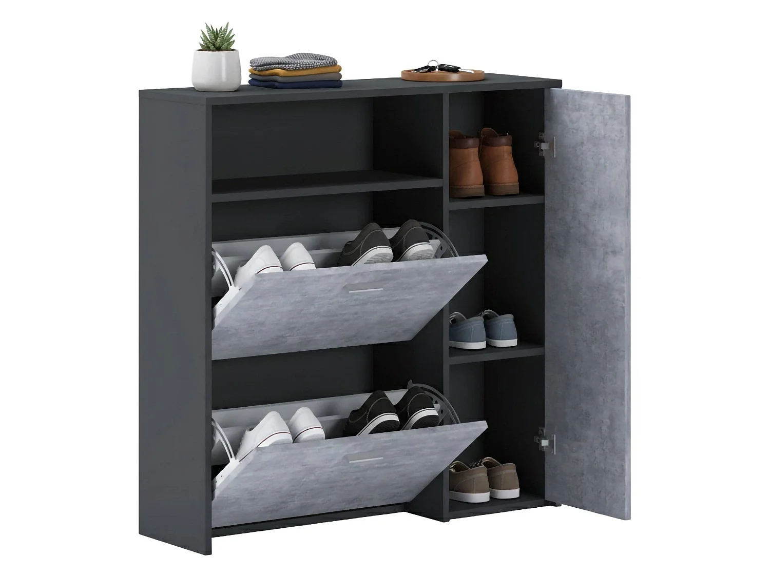 Meuble à chaussures Dpinn, Étagère à chaussures peu encombrante, Étagère à chaussures d'entrée, Meuble avec 3 portes pliantes, 92x27h94 cm, Anthracite, Ciment