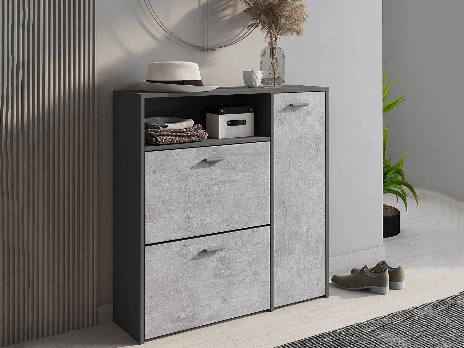 Meuble à chaussures Dpinn, Étagère à chaussures peu encombrante, Étagère à chaussures d'entrée, Meuble avec 3 portes pliantes, 92x27h94 cm, Anthracite, Ciment