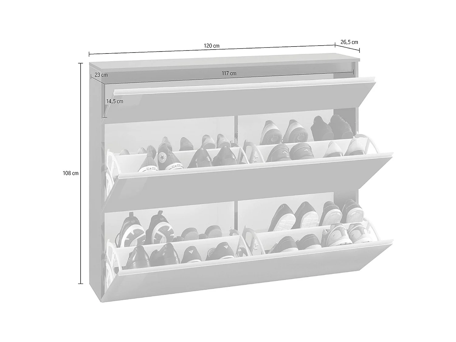 Meuble à chaussures Dlukak, Armoire polyvalente avec 2 portes et 1 porte abattante, Porte-chaussures d'entrée, 100% Made in Italy, 120x27h108 cm, Blanc brillant