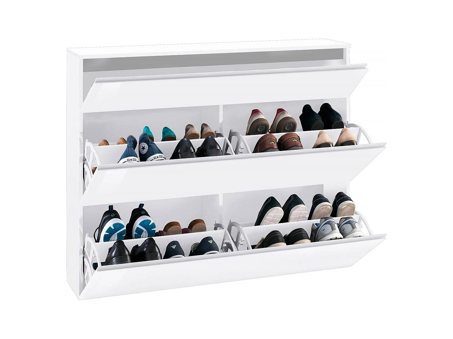 Meuble à chaussures Dlukak, Armoire polyvalente avec 2 portes et 1 porte abattante, Porte-chaussures d'entrée, 100% Made in Italy, 120x27h108 cm, Blanc brillant