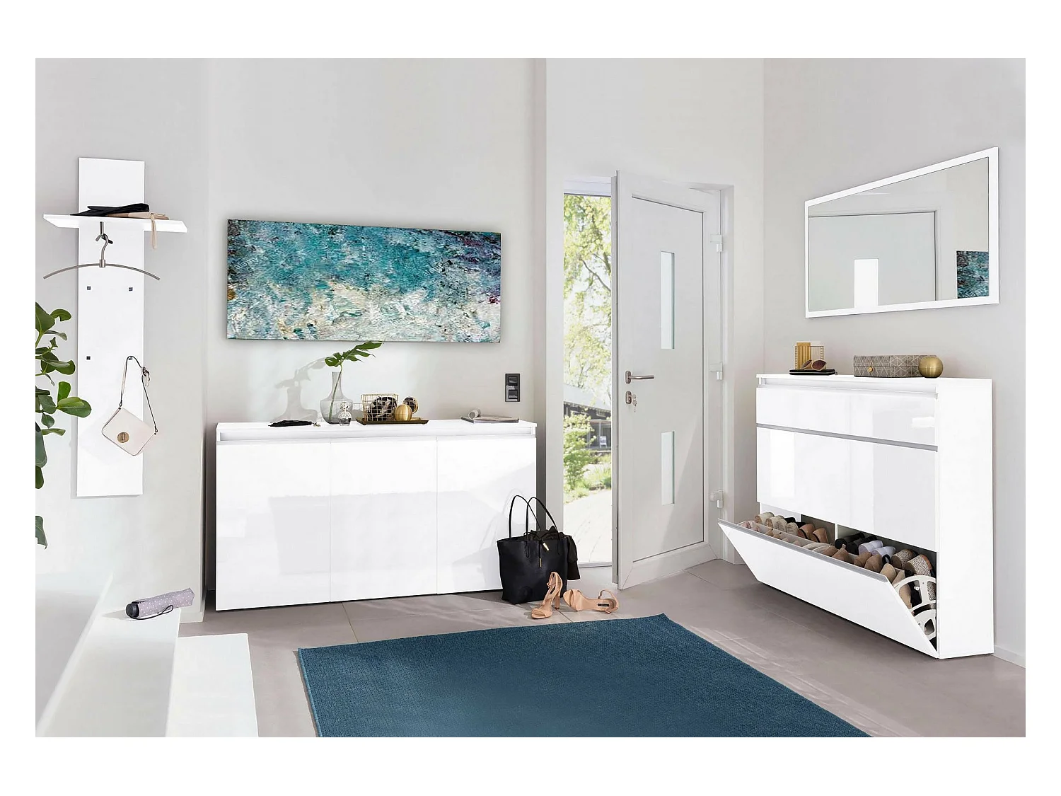 Meuble à chaussures Dlukak, Armoire polyvalente avec 2 portes et 1 porte abattante, Porte-chaussures d'entrée, 100% Made in Italy, 120x27h108 cm, Blanc brillant