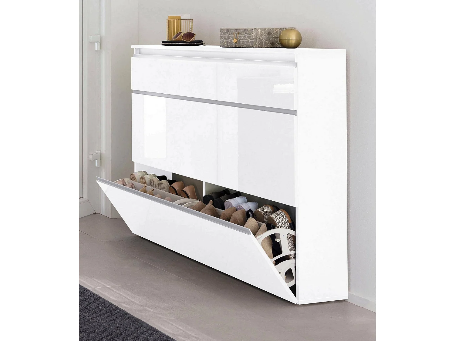 Meuble à chaussures Dlukak, Armoire polyvalente avec 2 portes et 1 porte abattante, Porte-chaussures d'entrée, 100% Made in Italy, 120x27h108 cm, Blanc brillant