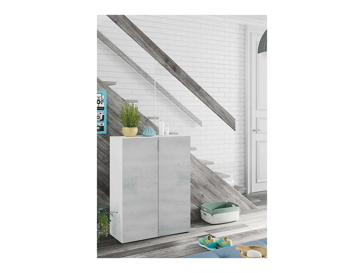 Armoire polyvalente Dlel, Armoire auxiliaire avec 2 portes, Armoire à chaussures basse avec 6 étagères, Étagère à chaussures basse, 70x36h103 cm, Ciment et Blanc