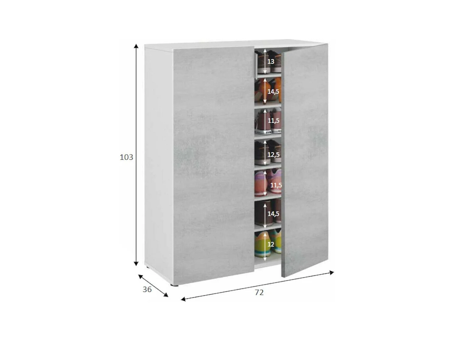 Armoire polyvalente Dlel, Armoire auxiliaire avec 2 portes, Armoire à chaussures basse avec 6 étagères, Étagère à chaussures basse, 70x36h103 cm, Ciment et Blanc