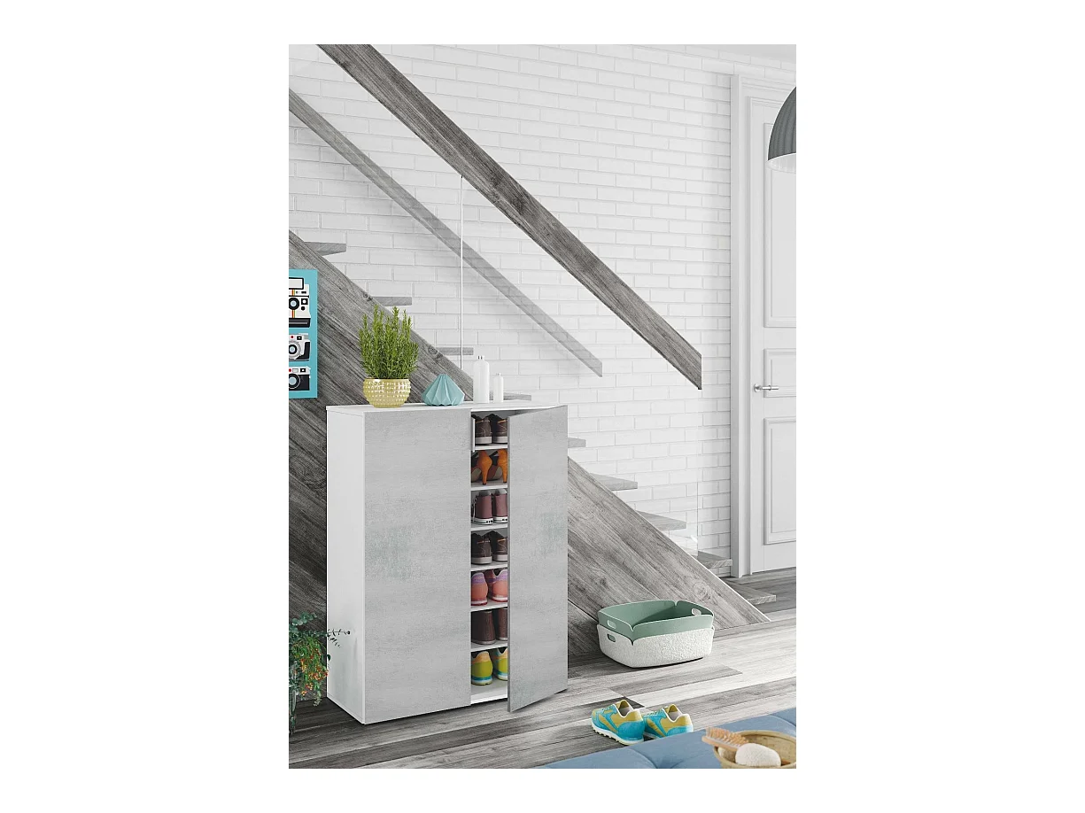 Armoire polyvalente Dlel, Armoire auxiliaire avec 2 portes, Armoire à chaussures basse avec 6 étagères, Étagère à chaussures basse, 70x36h103 cm, Ciment et Blanc