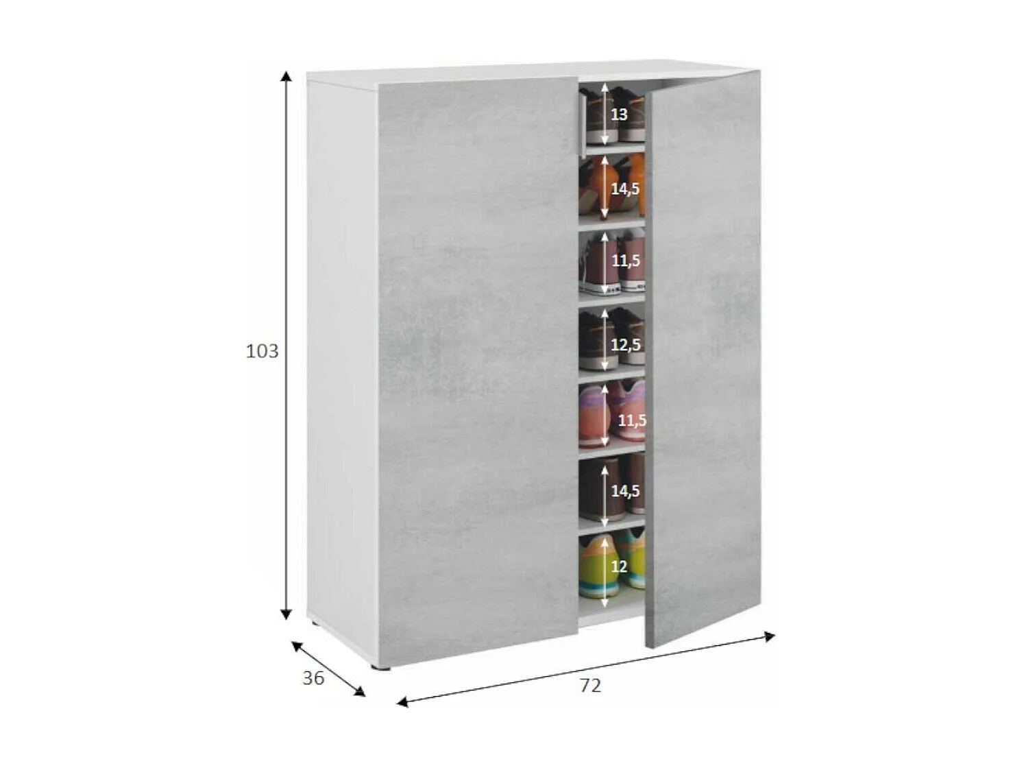 Mehrzweck-Kabinett Dlel, Beistellschrank mit 2 Türen, Niedriger Schuhschrank mit 6 Regalen, Niedriger Schuhschrank, 70x36h103 cm, Zement und WeiÃŸ