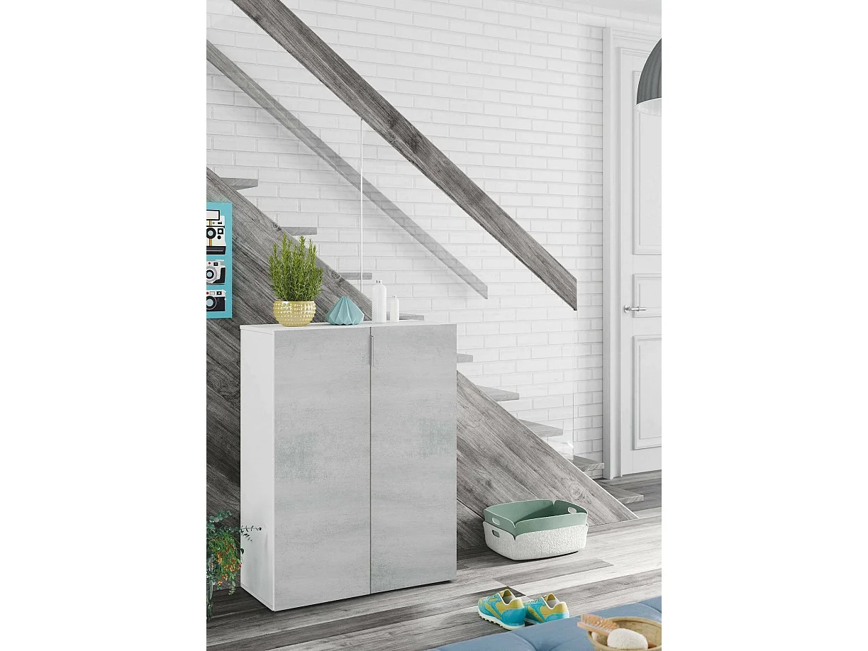 Armoire polyvalente Dlel, Armoire auxiliaire avec 2 portes, Armoire à chaussures basse avec 6 étagères, Étagère à chaussures basse, 70x36h103 cm, Ciment et Blanc