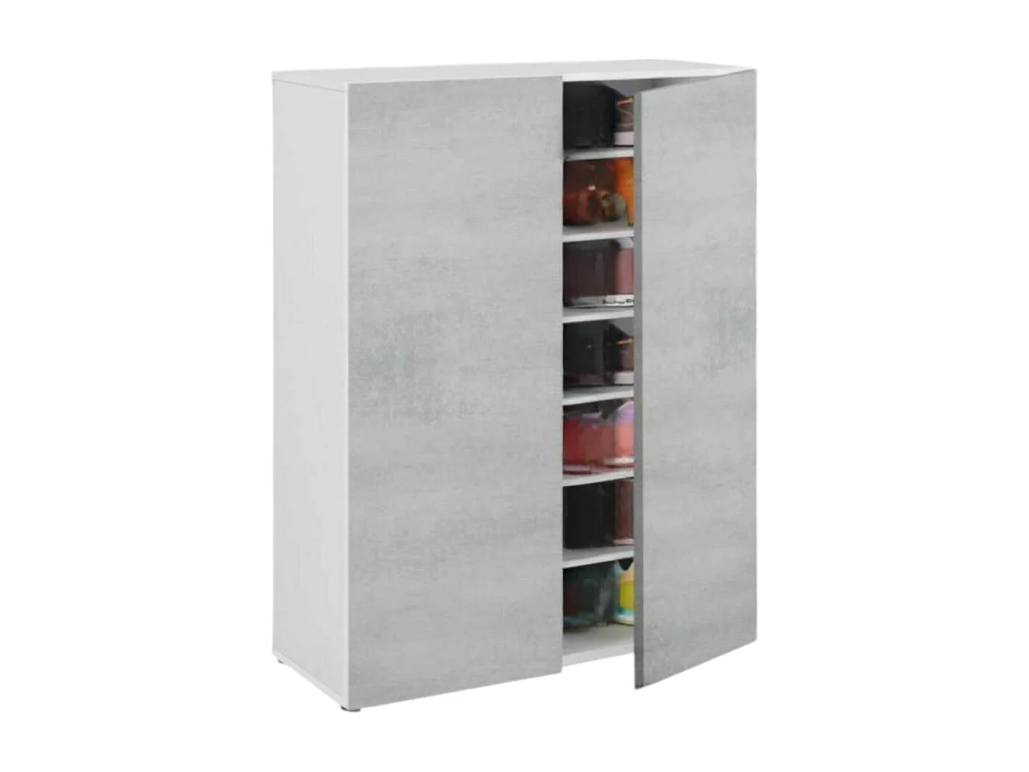 Armoire polyvalente Dlel, Armoire auxiliaire avec 2 portes, Armoire à chaussures basse avec 6 étagères, Étagère à chaussures basse, 70x36h103 cm, Ciment et Blanc