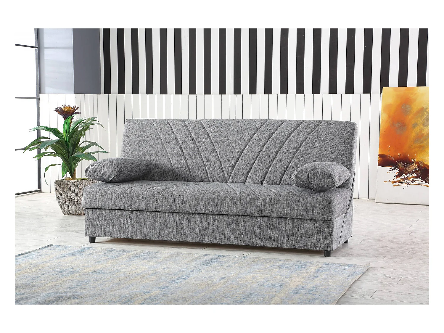 Dmalama slaapbank, 3-zits slaapbank met opbergruimte inclusief 2 kussens, Woonkamerbank in gewatteerde stof met klik-klik-opening, 181x81h88 cm, Grijs