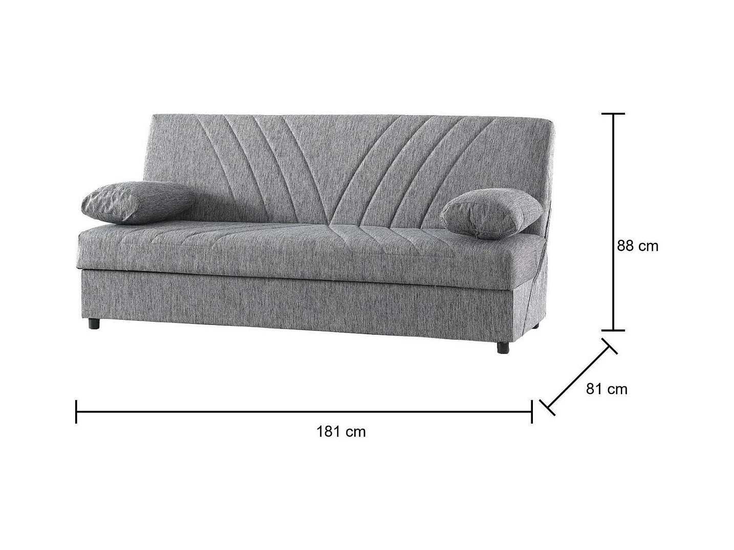 Dmalama slaapbank, 3-zits slaapbank met opbergruimte inclusief 2 kussens, Woonkamerbank in gewatteerde stof met klik-klik-opening, 181x81h88 cm, Grijs