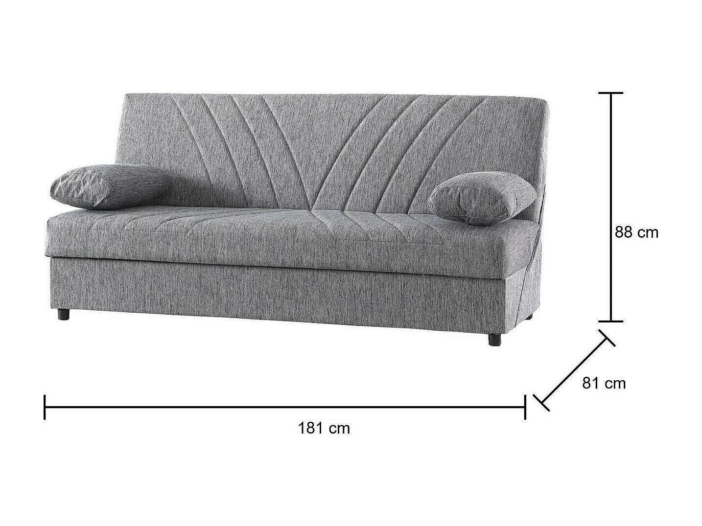Dmalama slaapbank, 3-zits slaapbank met opbergruimte inclusief 2 kussens, Woonkamerbank in gewatteerde stof met klik-klik-opening, 181x81h88 cm, Grijs