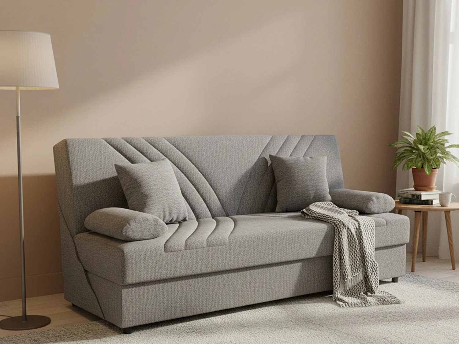 Sofá-cama Dmalama, ofá-cama de 3 lugare com arrumação com 2 almofada incluída, Sofá da ala em tecido acolchoado com abertura click-clack, 181x81h88 cm, Cinzento