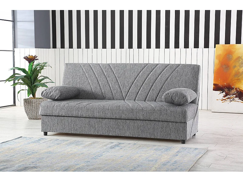 Sofá-cama Dmalama, ofá-cama de 3 lugare com arrumação com 2 almofada incluída, Sofá da ala em tecido acolchoado com abertura click-clack, 181x81h88 cm, Cinzento