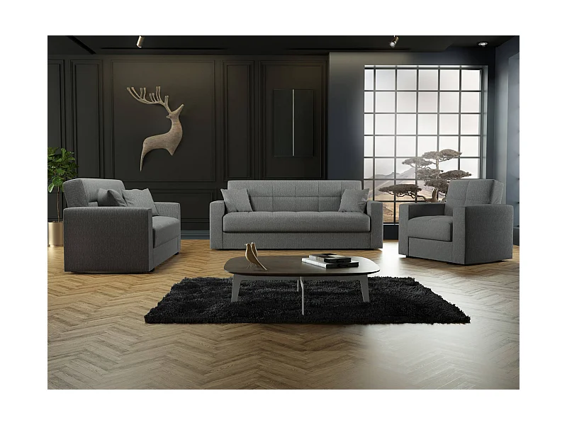 Sofá-cama Dlinette, sofá-cama contêiner linear de 3 lugares, Sofá da sala em tecido acolchoado com abertura click-clack, 212x80h87 cm, Cinza
