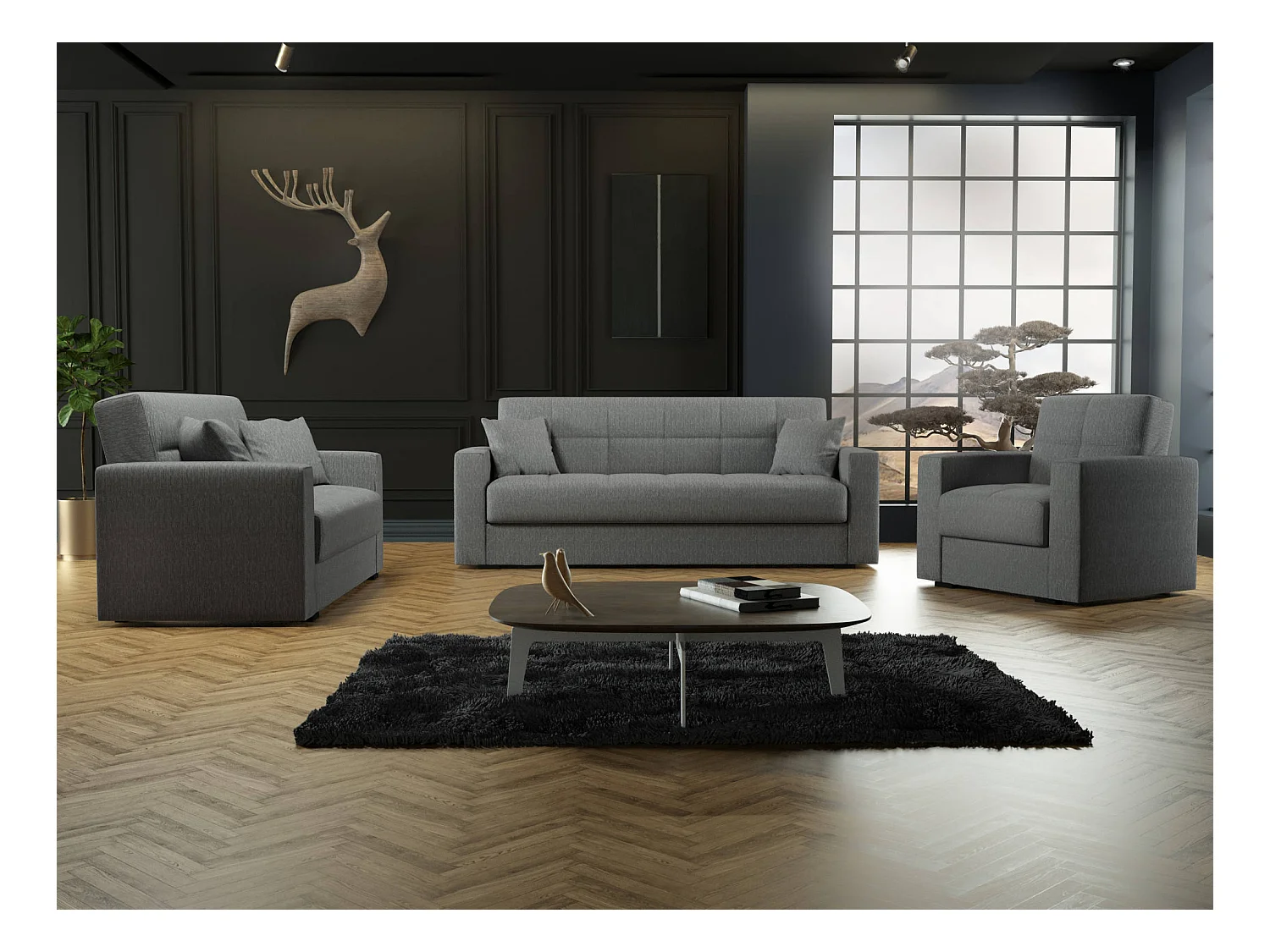 Schlafsofa Dlinette, Lineares 3-Sitzer-Containersofa, Wohnzimmersofa aus gepolstertem Stoff mit Klick-Klack-Öffnung, 212x80h87 cm, Grau