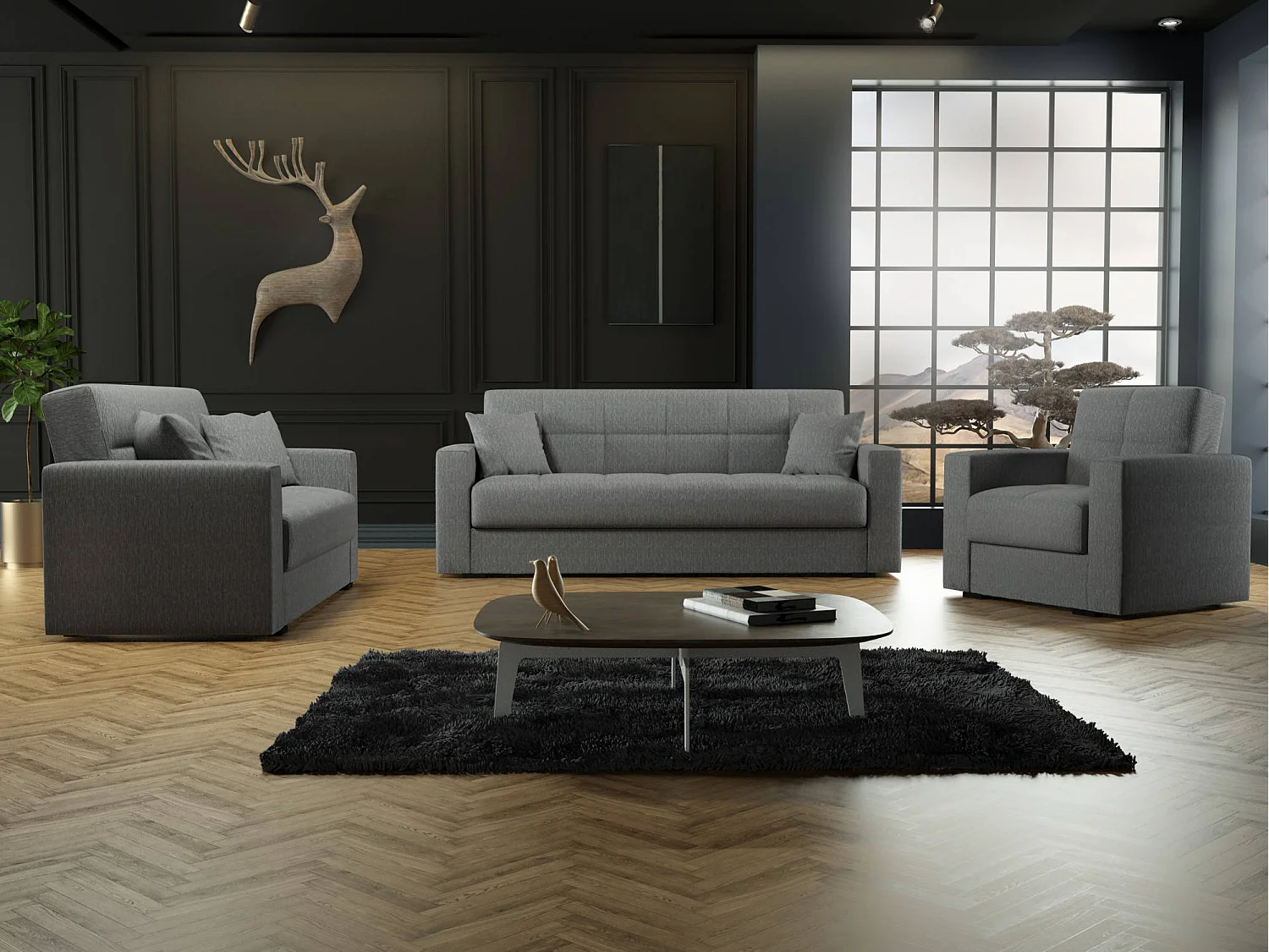 Canapé Dlinette, Canapé conteneur linéaire 3 places, Canapé de salon en tissu rembourré avec ouverture clic-clac, 212x80h87 cm, Gris