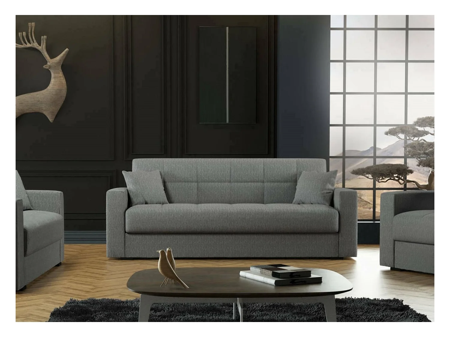 Sofá cama Dlinette, Sofá cama contenedor lineal 3 plazas, Sofá de salón en tela acolchada con apertura clic-clac, 212x80h87 cm, Gris