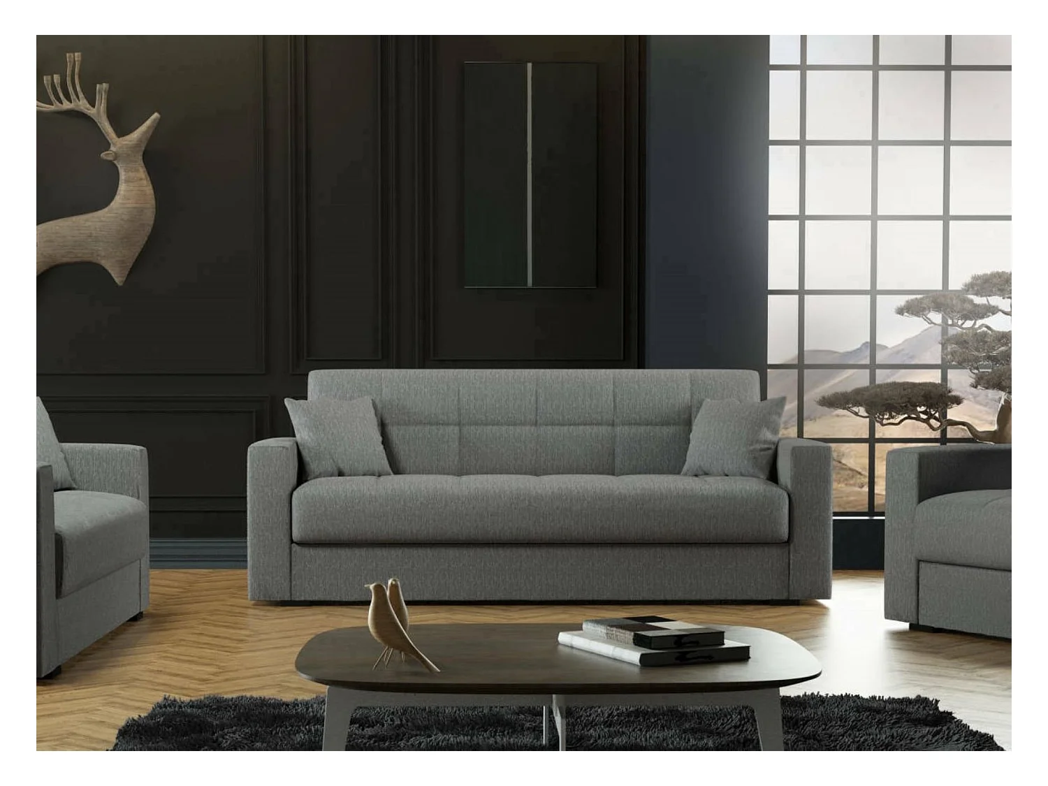 Sofá cama Dlinette, Sofá cama contenedor lineal 3 plazas, Sofá de salón en tela acolchada con apertura clic-clac, 212x80h87 cm, Gris