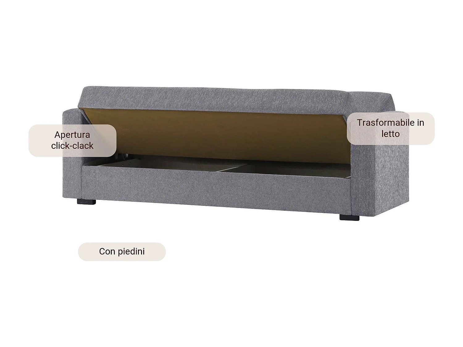 Divano letto Dlinette, Divano letto contenitore lineare a 3 posti, Sofà da soggiorno in tessuto imbottito con apertura click-clack, 212x80h87 cm, Grigio