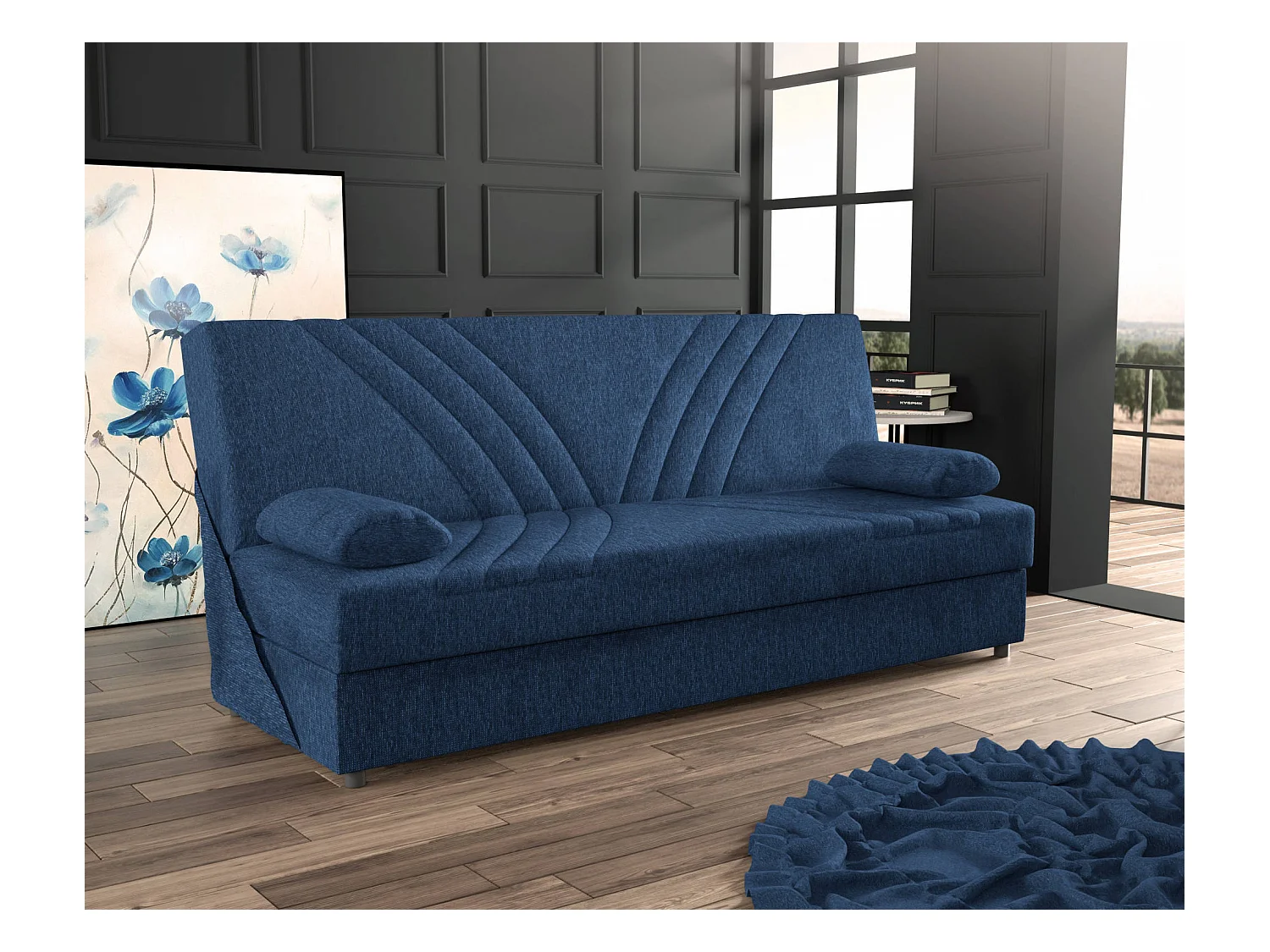 Sofá cama Dmalama, Sofá cama contenedor de 3 plazas con 2 cojines incluidos, Sofá de salón en tela acolchada con apertura clic-clac, 181x81h88 cm, Azul