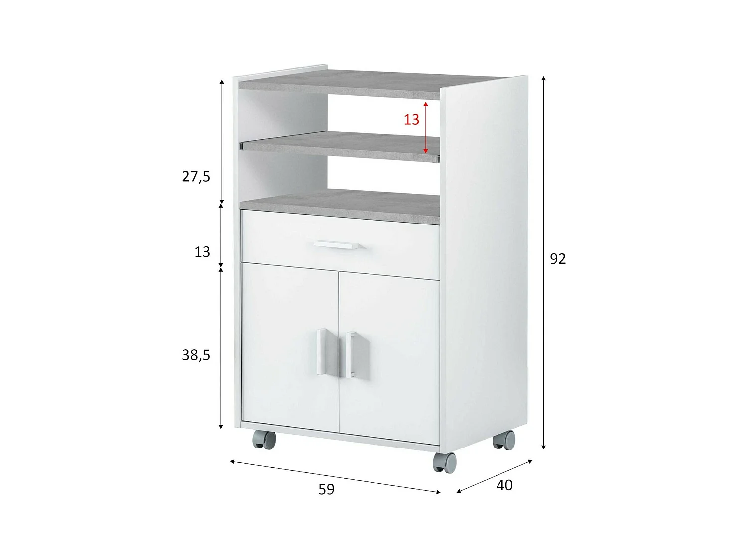 Rollwagen Dmatte, Hilfsmöbel für Küche mit Rädern, Mehrzweckschrank mit 2 Türen und 1 Einlegeboden, 59x40h92 cm, WeiÃŸ