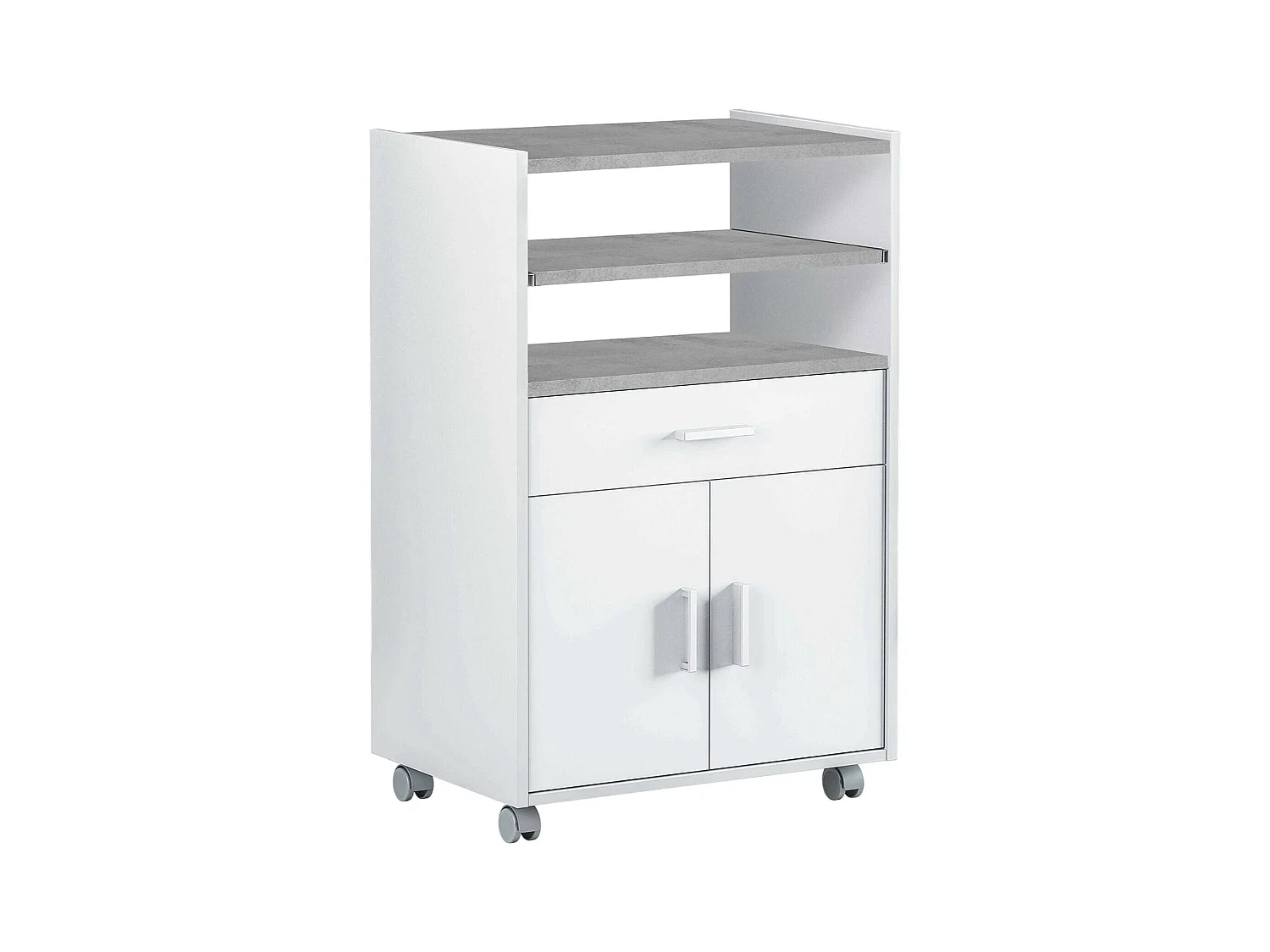 Chariot Dmatte, Armoire de cuisine auxiliaire à roulettes, Armoire polyvalente avec 2 portes et 1 étagère, 59x40h92 cm, Blanc