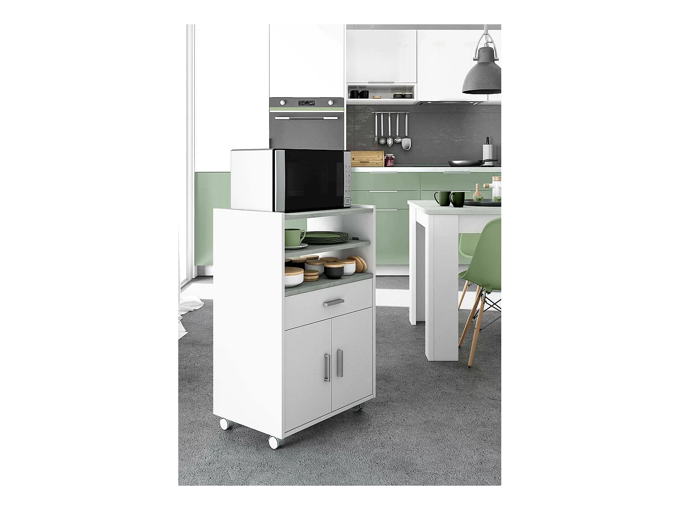 Dmatte trolley, Extra keukenkast op wielen, Multifunctionele kledingkast met 2 deuren en 1 plank, 59x40h92 cm, Wit