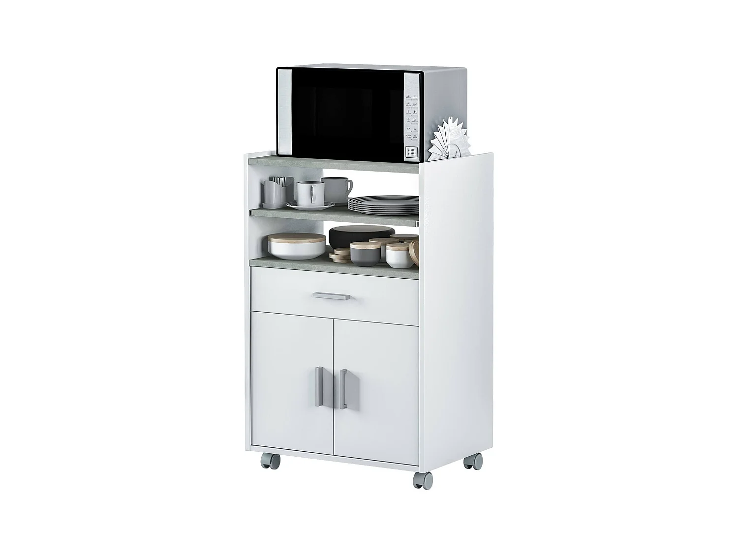 Dmatte trolley, Extra keukenkast op wielen, Multifunctionele kledingkast met 2 deuren en 1 plank, 59x40h92 cm, Wit