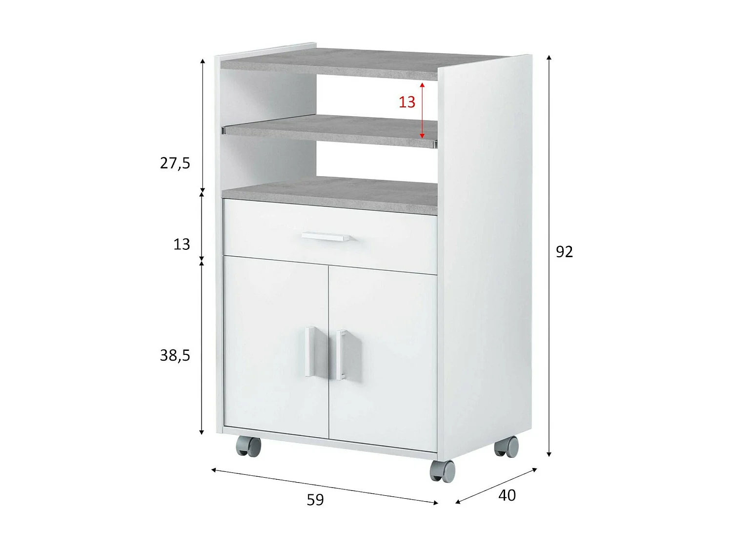 Dmatte trolley, Extra keukenkast op wielen, Multifunctionele kledingkast met 2 deuren en 1 plank, 59x40h92 cm, Wit