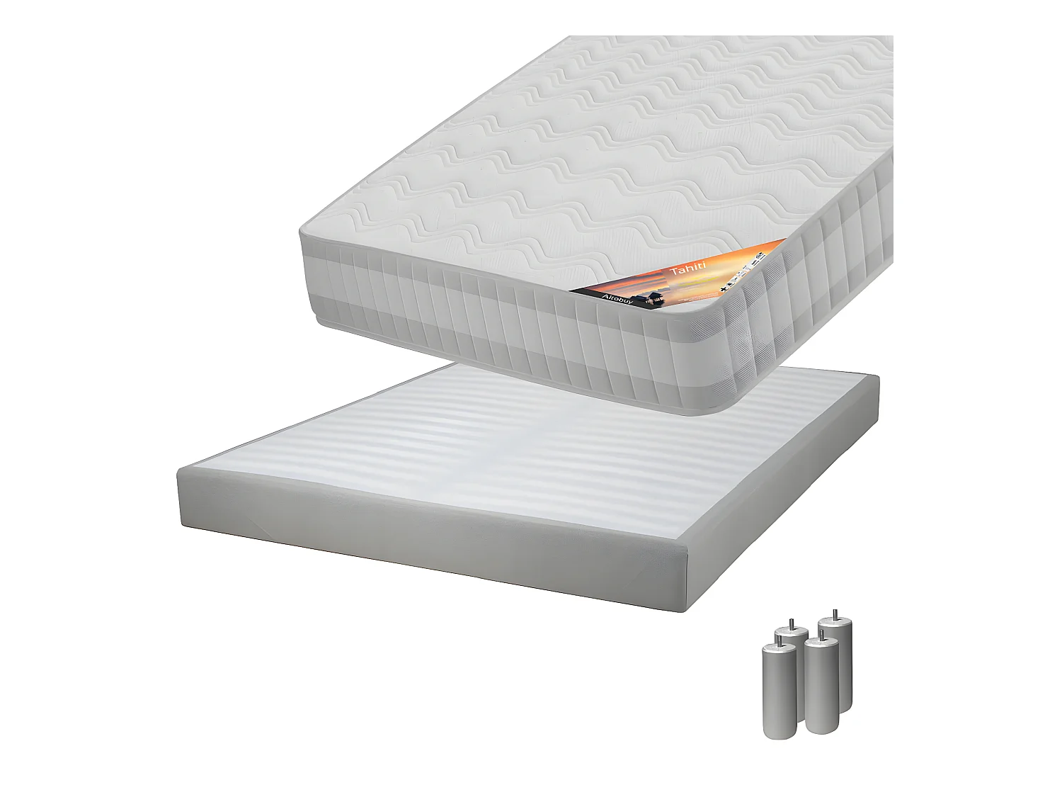 TAHITI - Pack Matelas 160x200 + Sommier Tapissier Démontable 2x20 Lattes Lin + Pieds Argent 15cm
