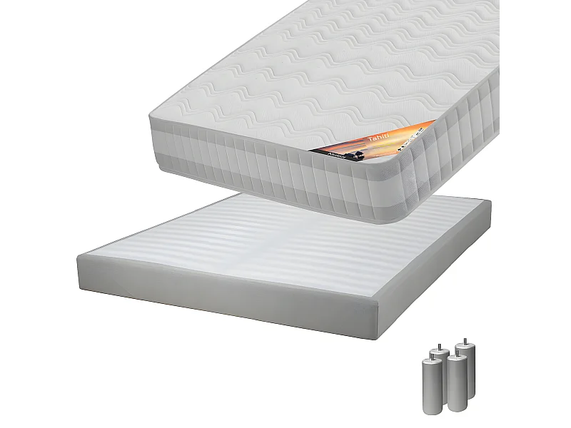 TAHITI - Pack Matelas 160x200 + Sommier Tapissier Démontable 2x20 Lattes Lin + Pieds Argent 15cm