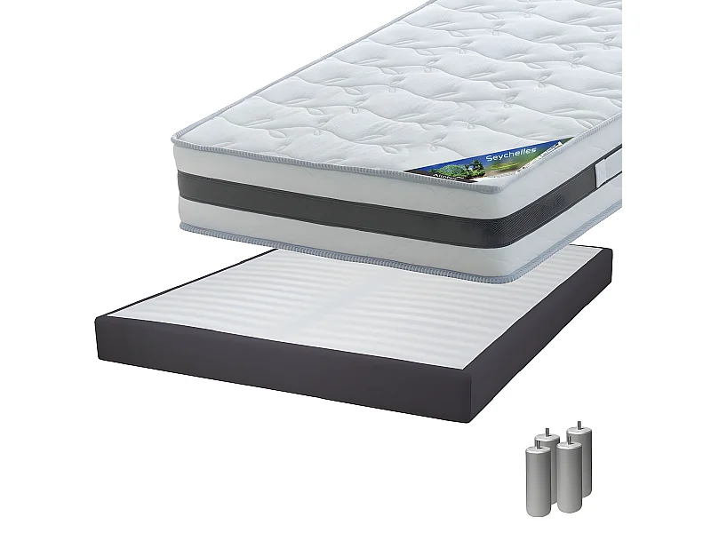 SEYCHELLES - Pack Matelas 140x190 + Sommier Tapissier Démontable 2x20 Lattes Anthracites + Pieds Argent 15cm