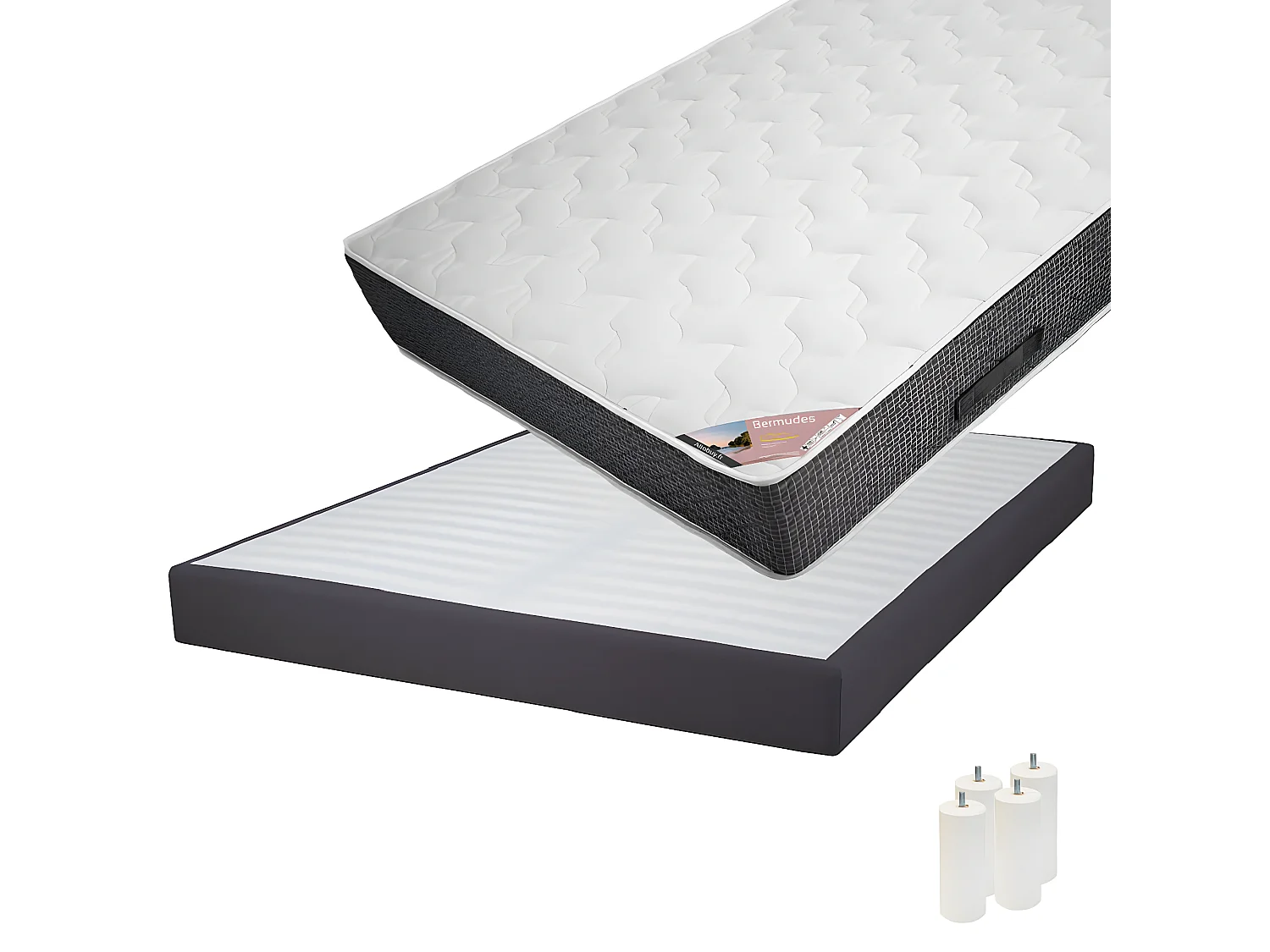 BERMUDES - Pack Matelas 160x200 + Sommier Tapissier Démontable 2x20 Lattes Anthracites + Pieds Blancs 15cm