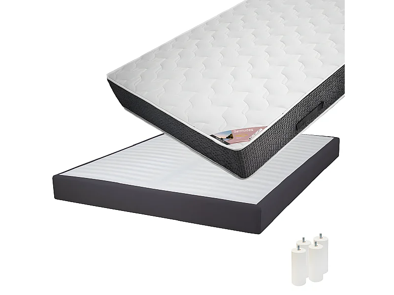 BERMUDES - Pack Matelas 160x200 + Sommier Tapissier Démontable 2x20 Lattes Anthracites + Pieds Blancs 15cm