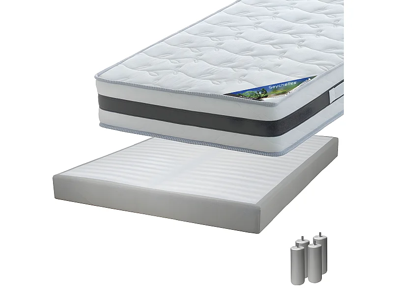 SEYCHELLES - Pack Matelas 140x190 + Sommier Tapissier Démontable 2x20 Lattes Lin + Pieds Argent 15cm