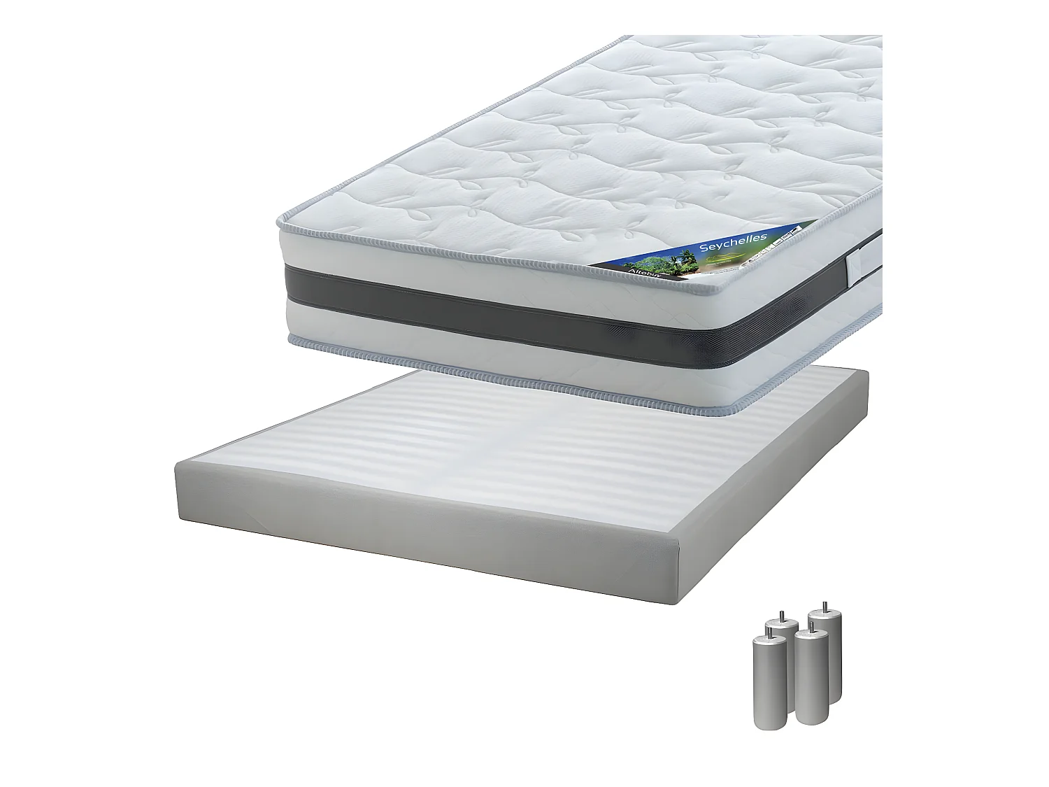 SEYCHELLES - Pack Matelas 140x190 + Sommier Tapissier Démontable 2x20 Lattes Lin + Pieds Argent 15cm