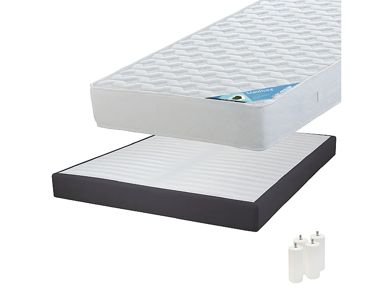 MALDIVES - Pack Matelas 160x200 + Sommier Tapissier Démontable 2x20 Lattes Anthracites + Pieds Blancs 15cm