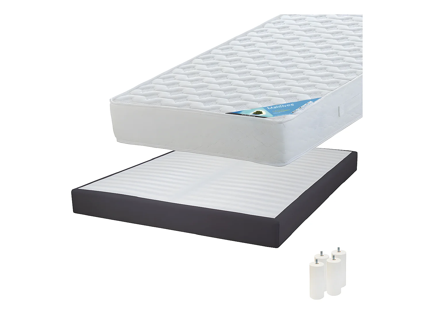 MALDIVES - Pack Matelas 160x200 + Sommier Tapissier Démontable 2x20 Lattes Anthracites + Pieds Blancs 15cm