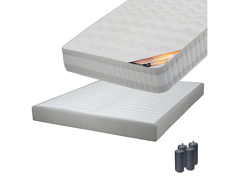 TAHITI - Pack Matelas 160x200 + Sommier Tapissier Démontable 2x20 Lattes Lin + Pieds Anthracites 15cm