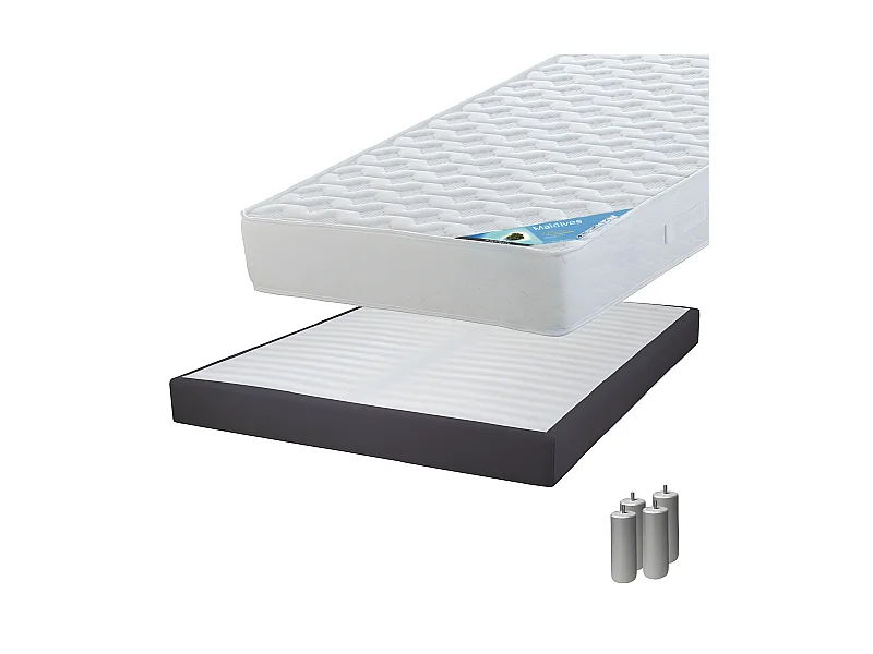 MALDIVES - Pack Matelas 160x200 + Sommier Tapissier Démontable 2x20 Lattes Anthracites + Pieds Argent 15cm