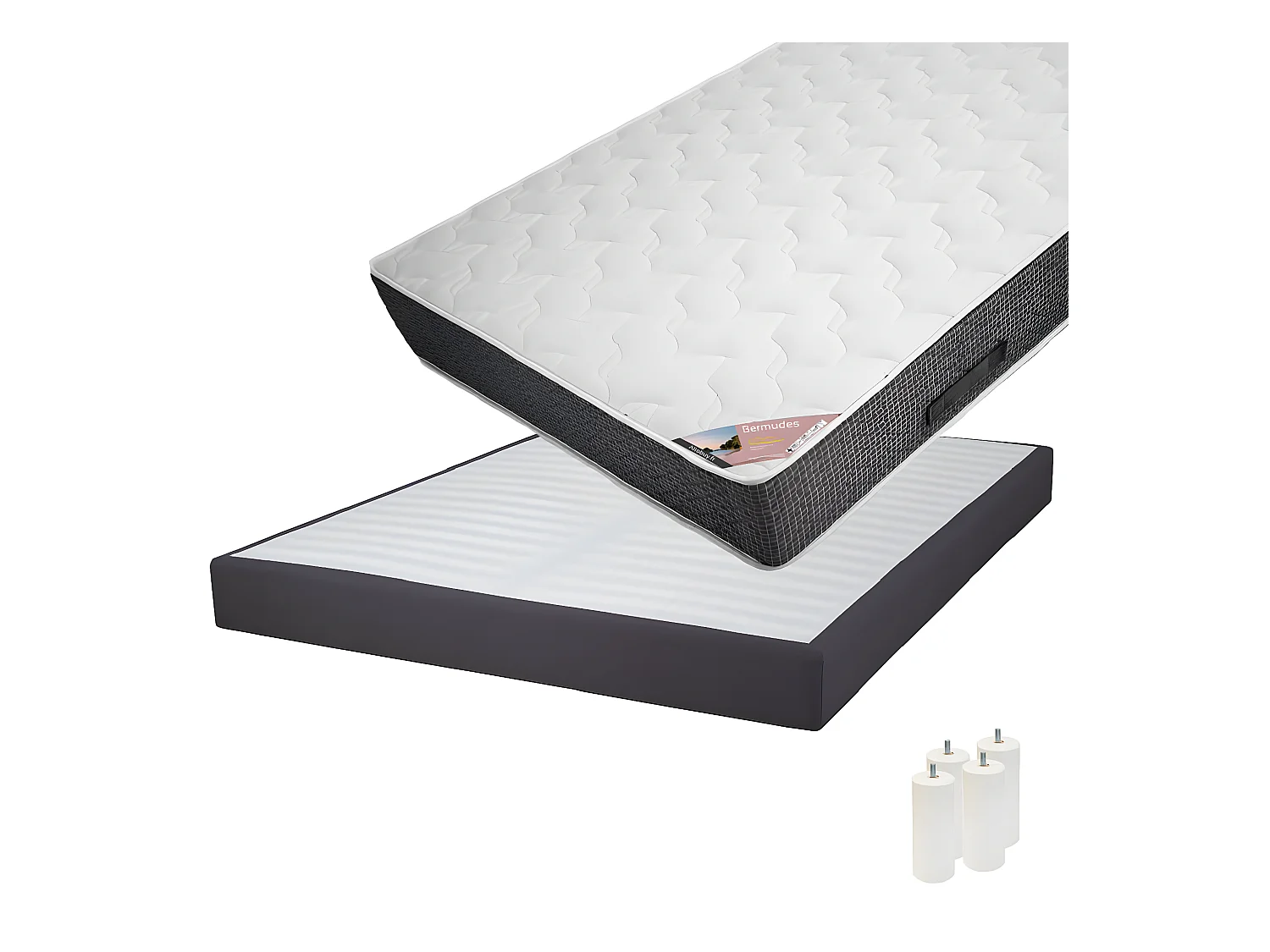 BERMUDES - Pack Matelas 140x190 + Sommier Tapissier Démontable 2x20 Lattes Anthracites + Pieds Blancs 15cm